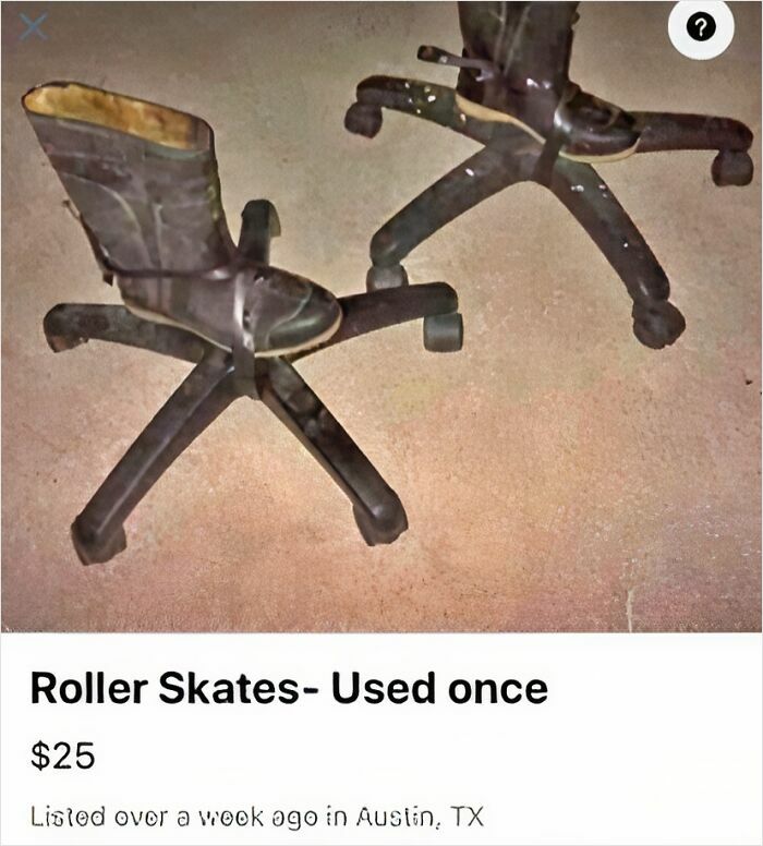 Office chair bases with boots listed as roller skates on Facebook Marketplace.