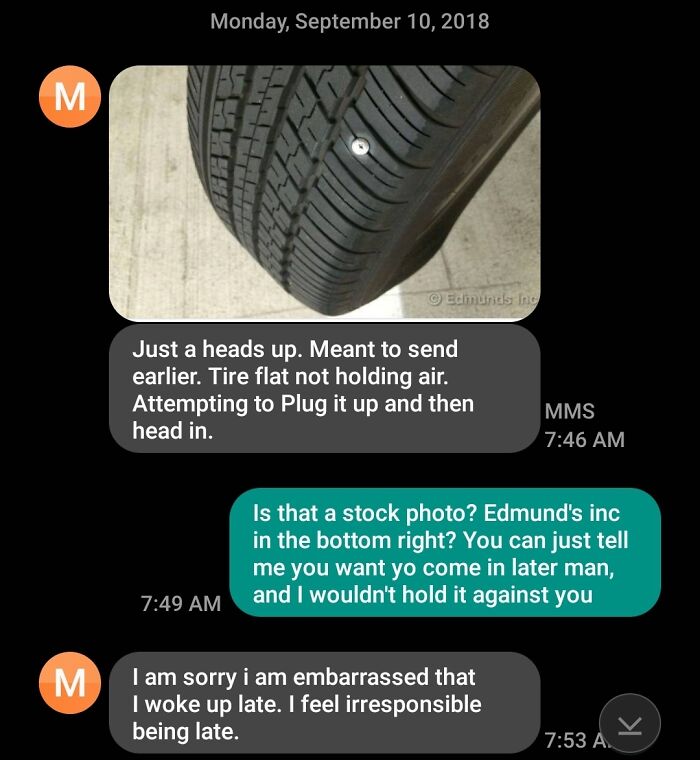 Cringe moment as stock photo used to explain flat tire in text conversation.