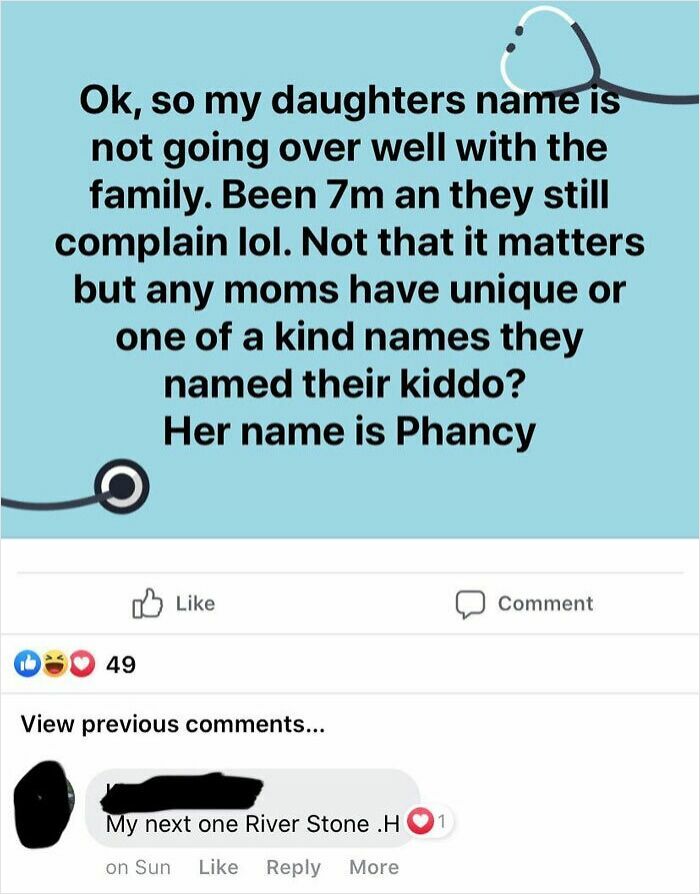Mom post discussing unique baby names causing family confusion, mentioning "Phancy" and "River Stone."
