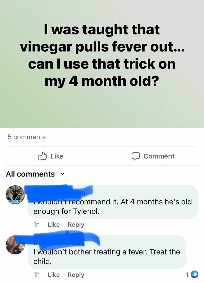 Mom group post discussing using vinegar for fever in a baby, with comments suggesting alternative treatments.