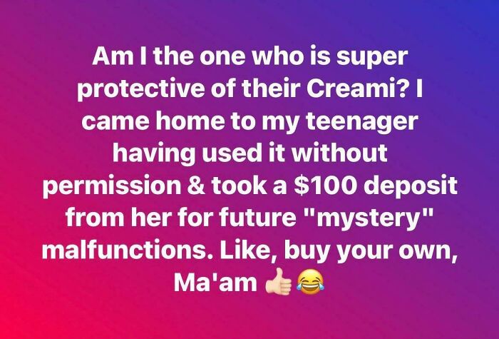 Text from a mom group post about a teenager using a kitchen device without permission, leading to a humorous $100 deposit.