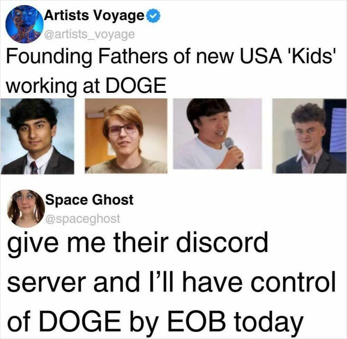 Meme explanation request about Founding Fathers at DOGE with humorous comment on Discord server control.