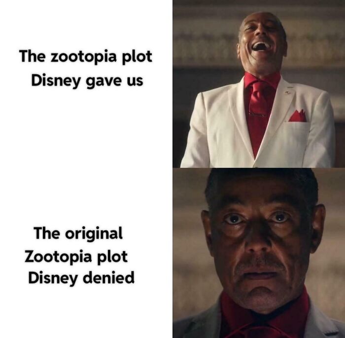 Man in a white suit, contrasting joyful and serious expressions, illustrating a Zootopia meme explanation.