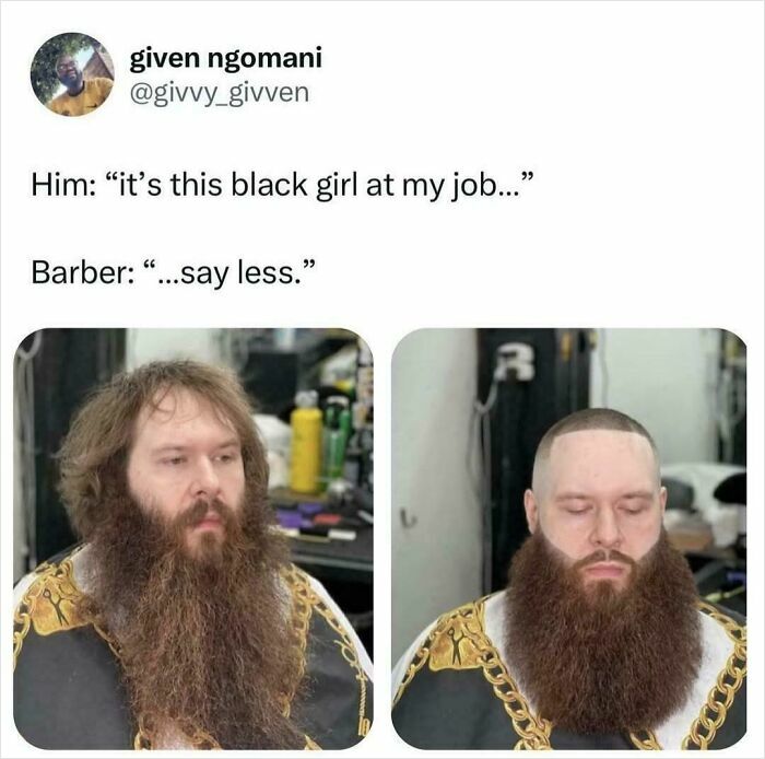 Man with a long beard transformed after haircut, embodying meme culture's humor in a barber context.