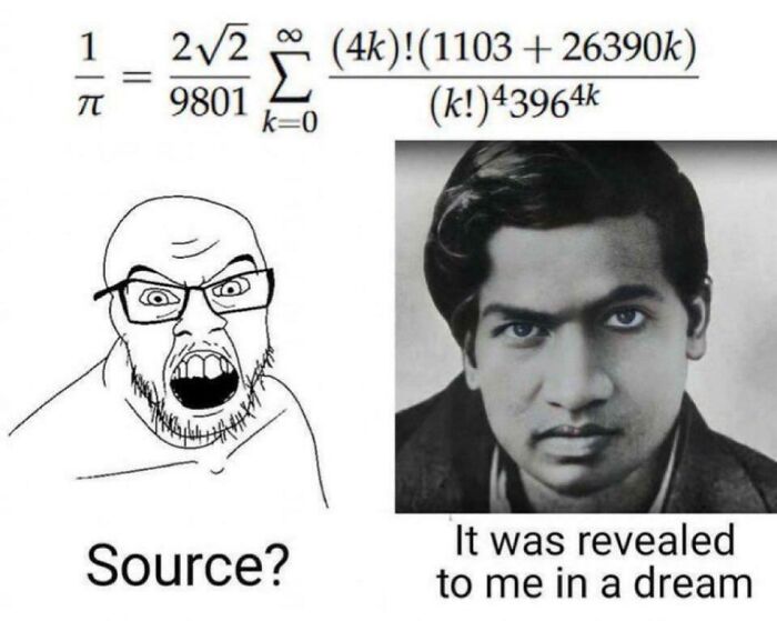 A meme with a math equation and two figures, one asking for the source, the other claiming the answer was a dream revelation.