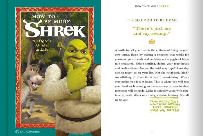 Cover of "How to Be More Shrek", featuring Shrek and Donkey, with a page discussing living space preferences.
