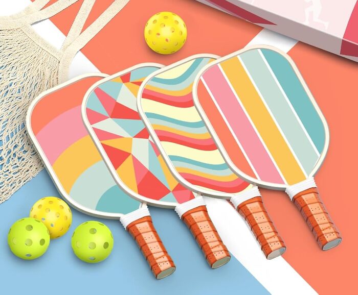 Colorful pickleball paddles and balls, perfect spring finds for outdoor fun.