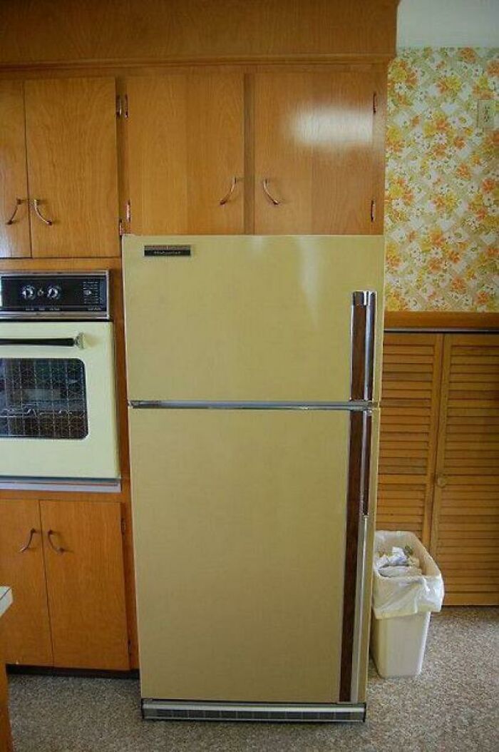 Vintage beige refrigerator and wood cabinets in a kitchen showcasing poorly-aging interior design trends to avoid.