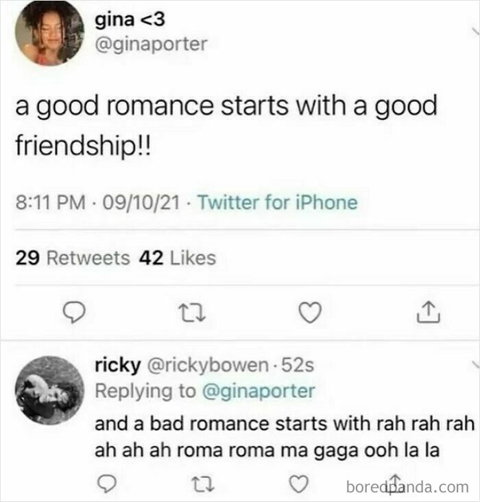 Funny meme about romance and friendship with witty reply referencing a song.