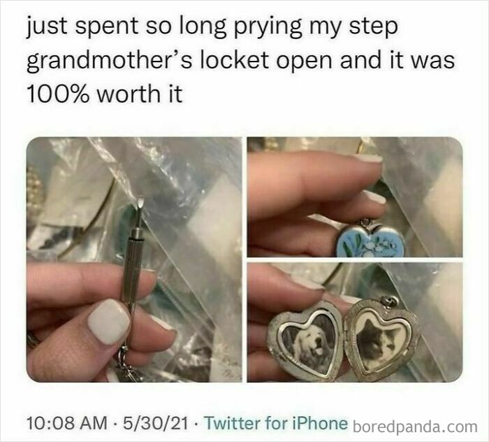 Funny meme showing a locket with dog photos discovered after being pried open, found on a humor page.