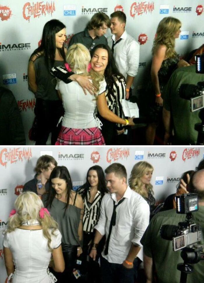 Group of people at a "Chillerama" event, interacting and smiling, with a branded backdrop as the photo background.