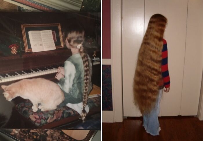 Person with long braided hair playing piano with cat sitting nearby.