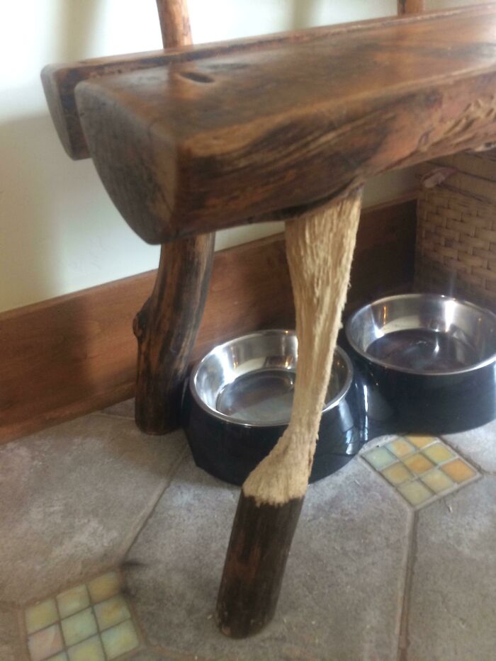 A wooden bench leg, worn and transformed by time, next to two shiny pet bowls on a tiled floor.