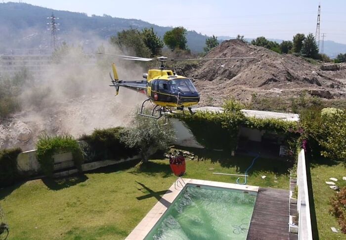 Helicopter hovering above backyard pool, captured unexpectedly.