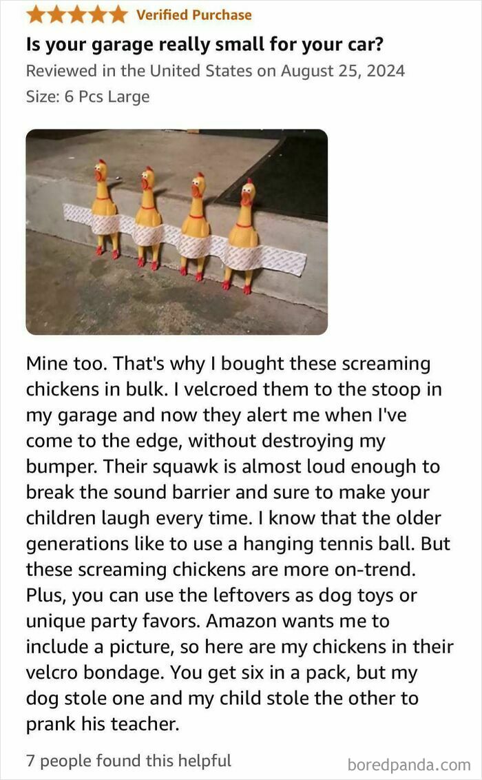 Screaming rubber chickens used as a car bumper alert, featured in a humorous Amazon review.