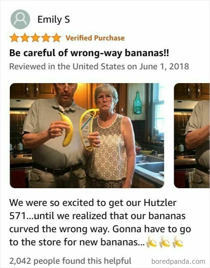 Couple humorously holding wrong-way bananas, highlighting comedic Amazon review.