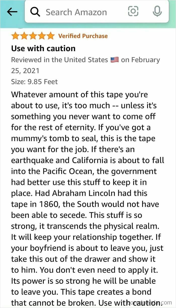 Amazon review describing duct tape humorously as extremely strong and versatile, highlighting comedy gold.