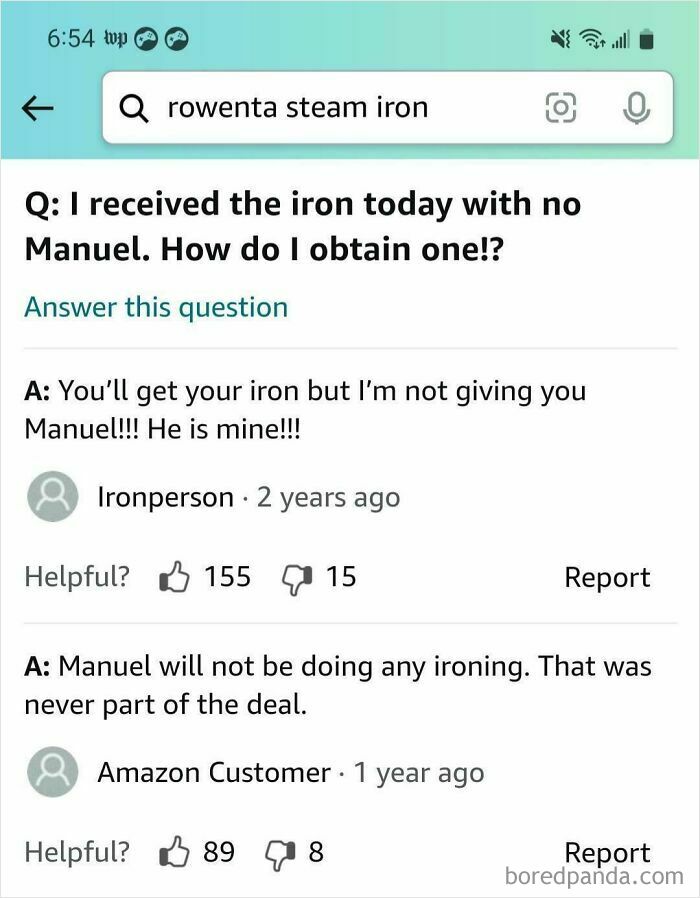 Funny Amazon reviews about missing Manuel with Rowenta steam iron purchase, creating comedy gold.