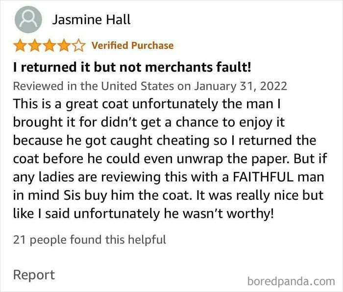 Amazon review comedy gold about a returned coat after discovering infidelity.
