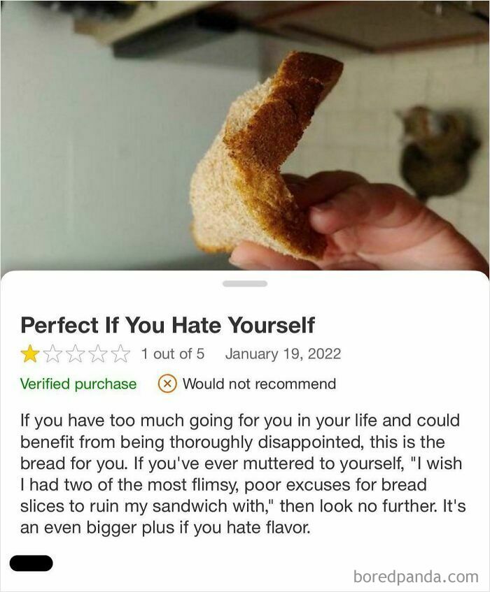 Hand holding a flimsy bread slice, showcasing a comedic Amazon review about disappointing bread quality.