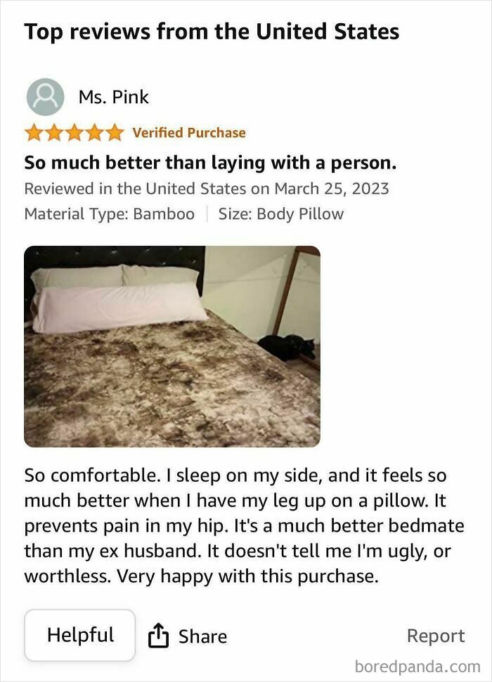 Amazon review showing a user praising a body pillow as superior to a partner for comfort, adding humor to the review.
