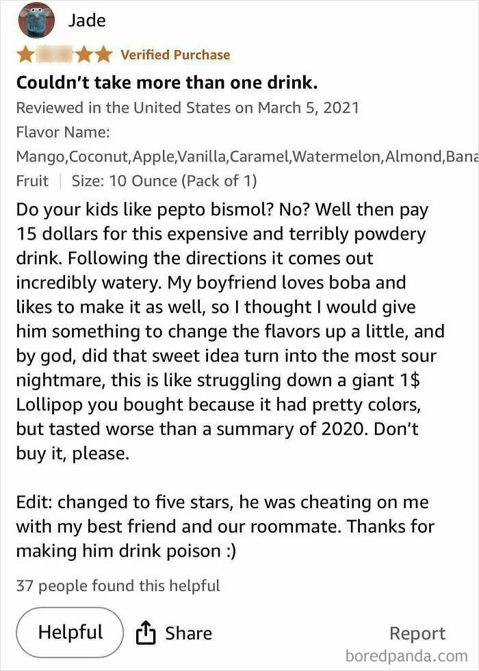 Hilarious Amazon review for a drink mix, humorously described as pepto bismol-like and changed to five stars out of spite.