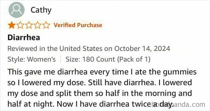 Funny Amazon review about gummies causing diarrhea despite lowered dosage, highlighting comedic gold in user feedback.