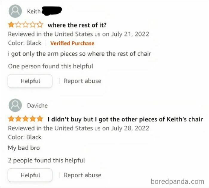 Funny Amazon reviews about missing chair parts from two different customers.
