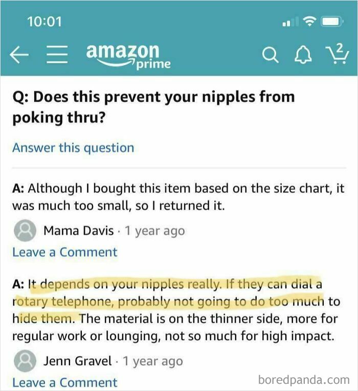 Amazon review showing comedic response about clothing's ability to prevent nipples from poking through.