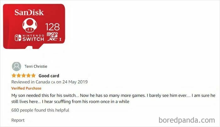 Sandisk memory card review humor; parent jokes about son gaming more often after purchase.