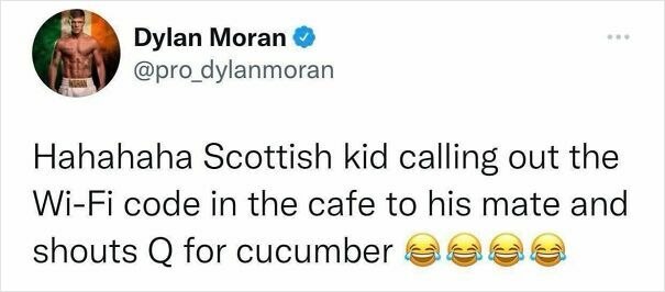 Tweet showcasing Scottish humor with a kid humorously shouting Wi-Fi code in a cafe: "Q for cucumber."