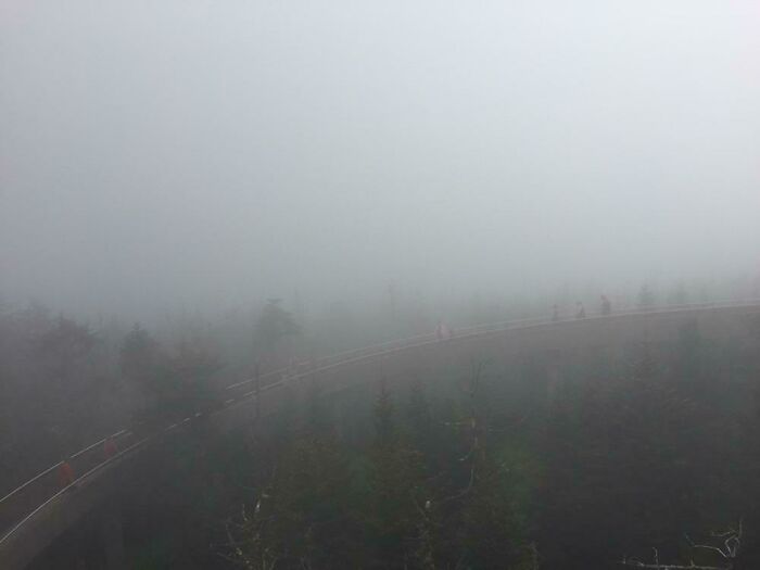 Foggy day on a misty bridge path, people walking, low visibility.