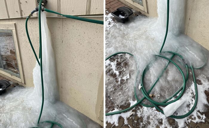 Frozen garden hose covered in ice against a house, illustrating a horrible day scenario.