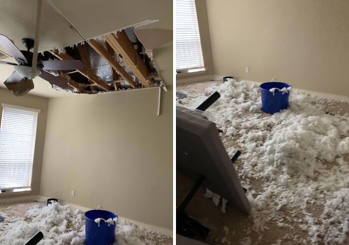 Damaged ceiling with debris and a blue bucket catching water, showing a horrible day experience.