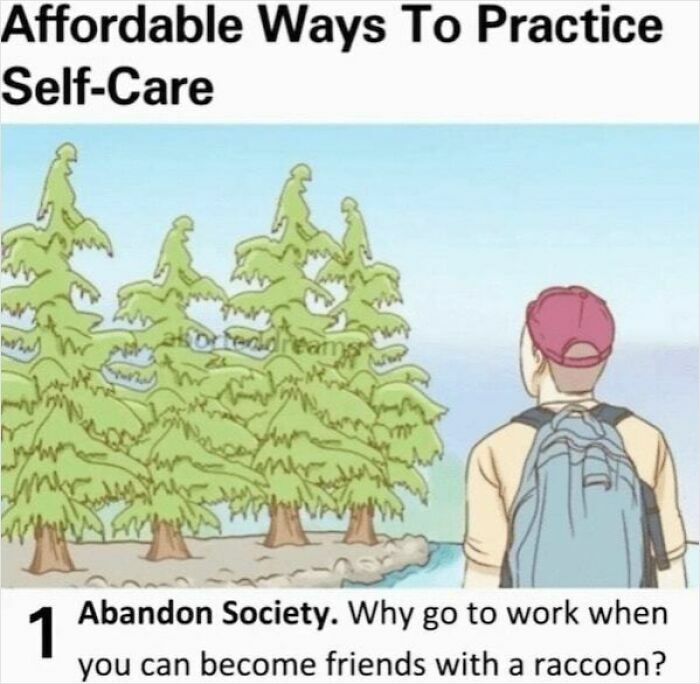 A humorous meme about self-care with a person considering living in the woods to befriend raccoons.