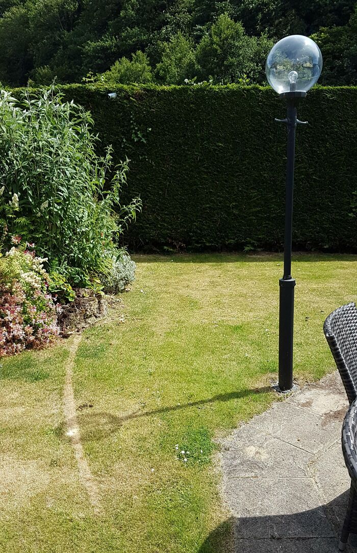 A garden scene showing a path worn into the grass by time and use, next to a lamp and hedge backdrop.