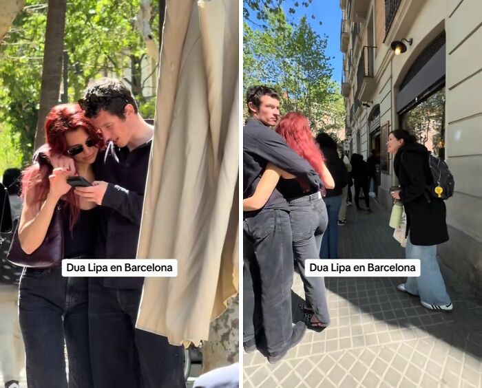 Celebs keeping it classy in Barcelona, with a couple embracing and enjoying the city streets.