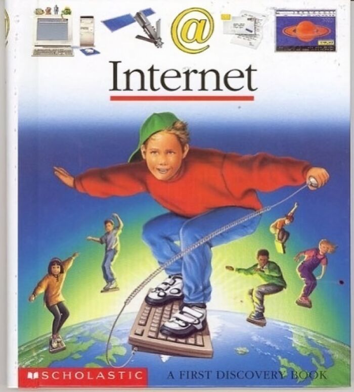 Child surfing on a keyboard across the globe; throwback to early internet days showing floppy disk nostalgia.