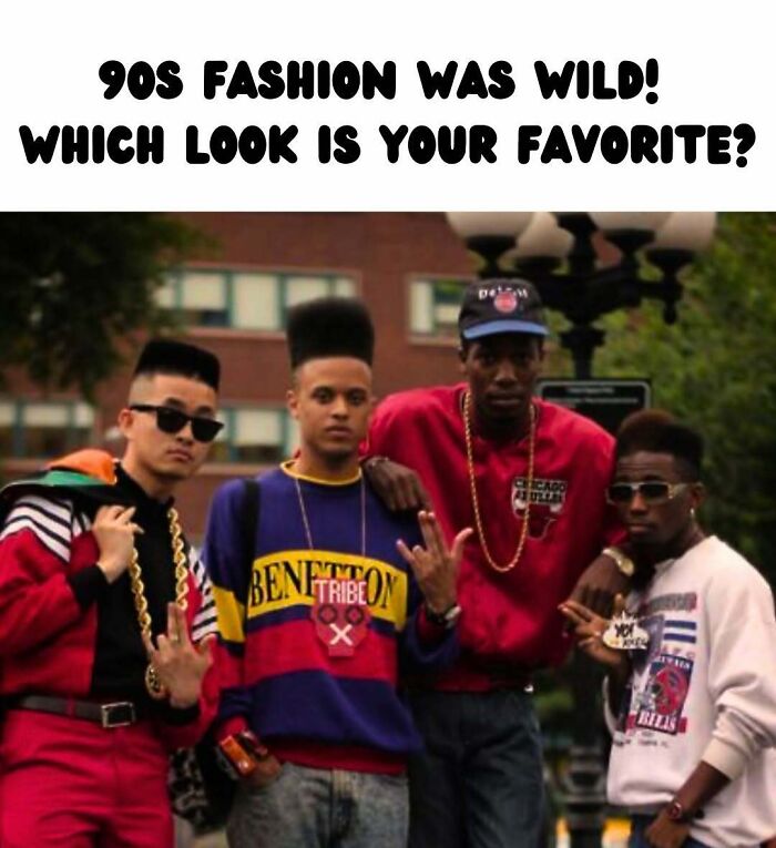 Group of people in colorful 90s fashion posing playfully outdoors, embodying a funny throwback style.