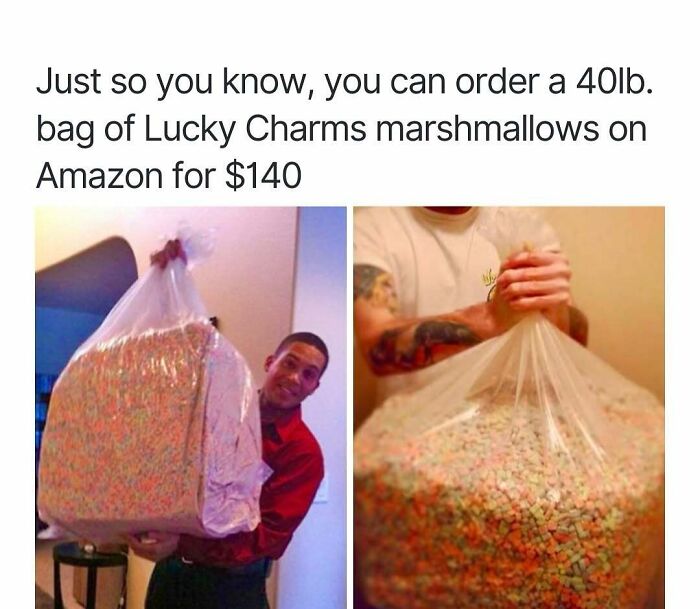 Man holding a large bag of Lucky Charms marshmallows, evoking funny throwbacks to nostalgic snack excess.
