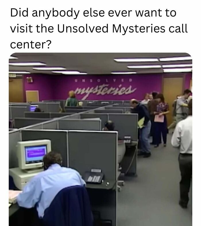 Unsolved Mysteries call center with vintage computers, evoking funny throwbacks for floppy disk users.