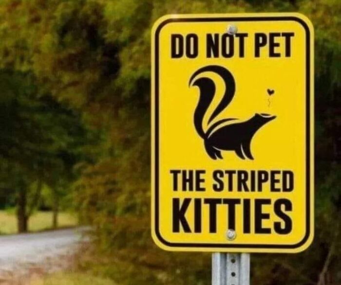 Yellow warning sign, "Do not pet the striped kitties," featuring a skunk illustration.