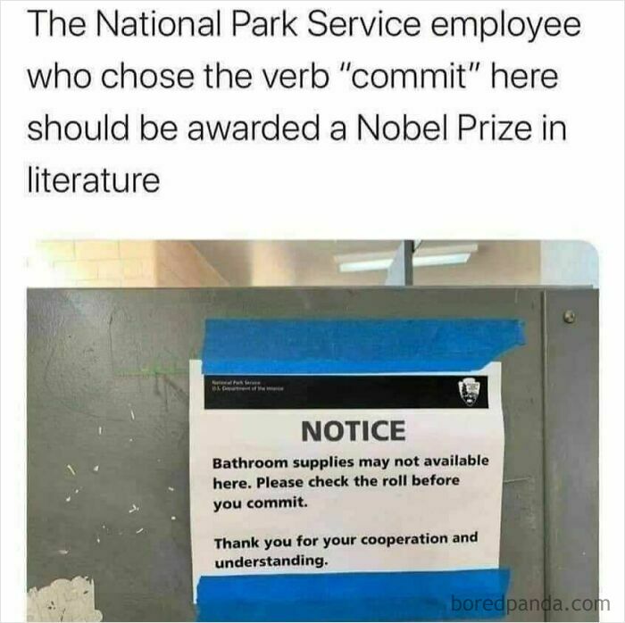 National Park Service sign humorously warns of potential bathroom supply error.