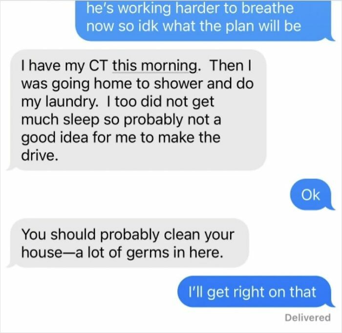 Text message exchange highlighting worst in-laws; discussion about cleaning due to germs.