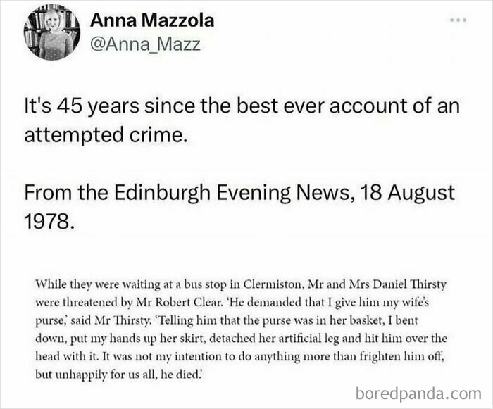 Social media post humorously recounting a bizarre crime attempt from 1978.