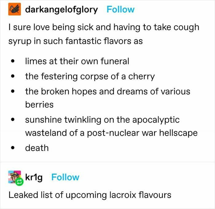 Cheerful Nihilism meme with humorous cough syrup flavor list including "festering corpse of a cherry" and "death."