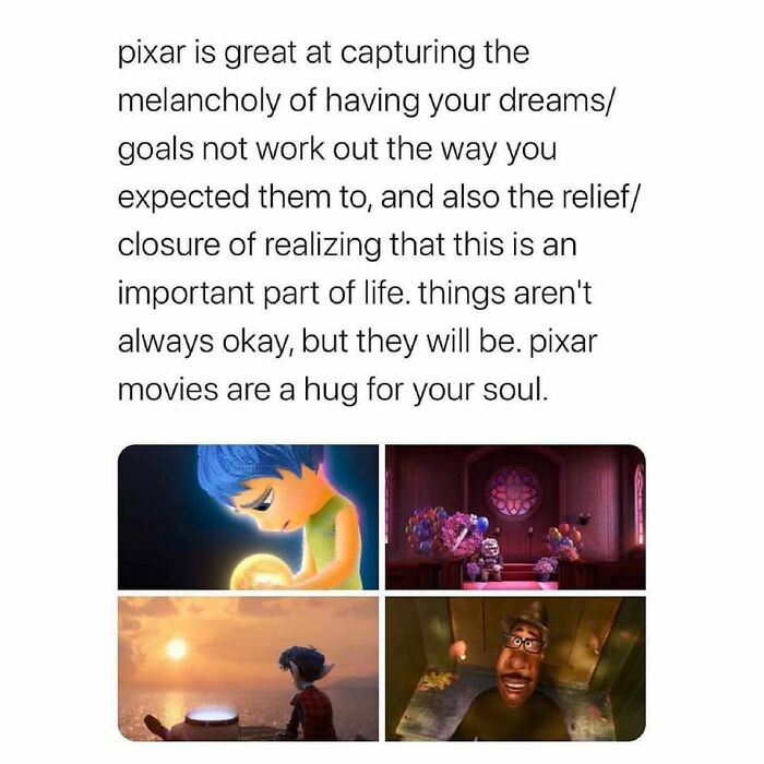 Text about Pixar's emotional impact with images from nostalgic cartoon scenes.