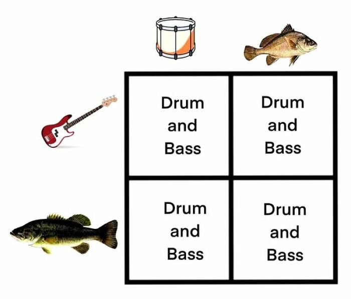 Literal meme featuring drum and bass, with images of a drum, guitar, and fish placed around a grid.