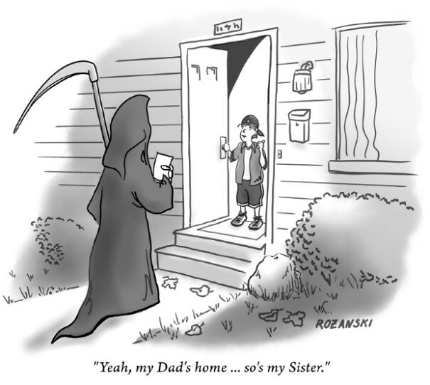Cartoon with a child talking to the Grim Reaper at the door.