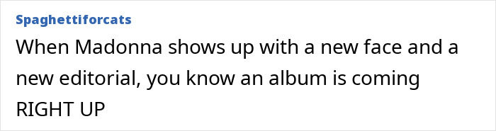 Text about Madonna's new look and a possible album, posted by user Spaghettiforcats.